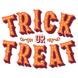 The text "TRICK OR TREAT" is displayed in large, 3D orange and red letters with white dots, featuring decorative curls around the connecting "OR" in a Halloween-themed style.