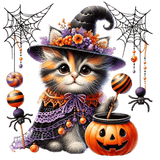 A cute kitten wearing a witch's hat adorned with flowers sits beside a jack-o'-lantern, surrounded by spider webs, spiders, and Halloween-themed orange and purple decorative elements.