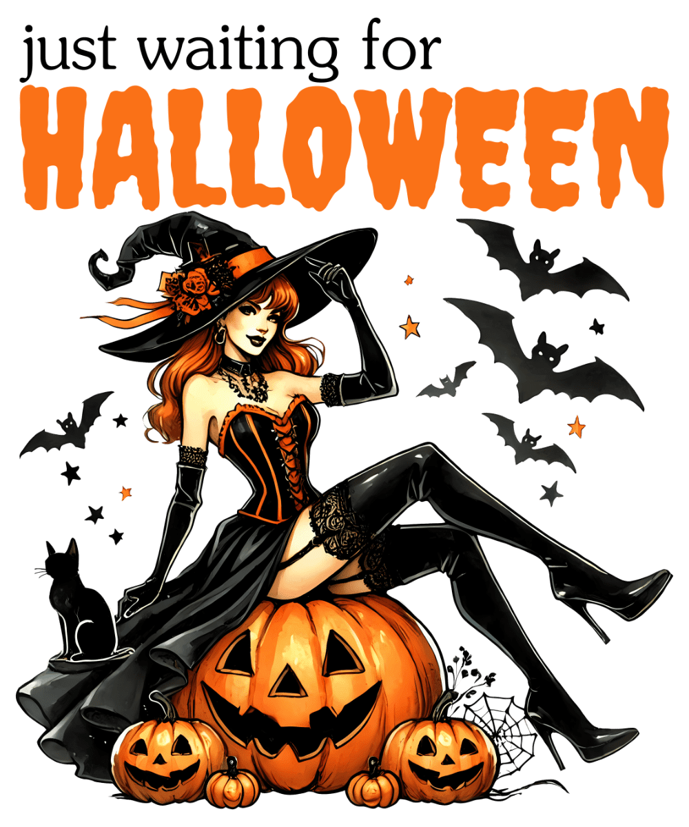 A witch in a black and orange outfit sits on jack-o'-lanterns, surrounded by bats, stars, and a black cat. Text reads: "just waiting for HALLOWEEN" in orange and black letters.