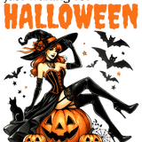 A witch in a black and orange outfit sits on jack-o'-lanterns, surrounded by bats, stars, and a black cat. Text reads: "just waiting for HALLOWEEN" in orange and black letters.