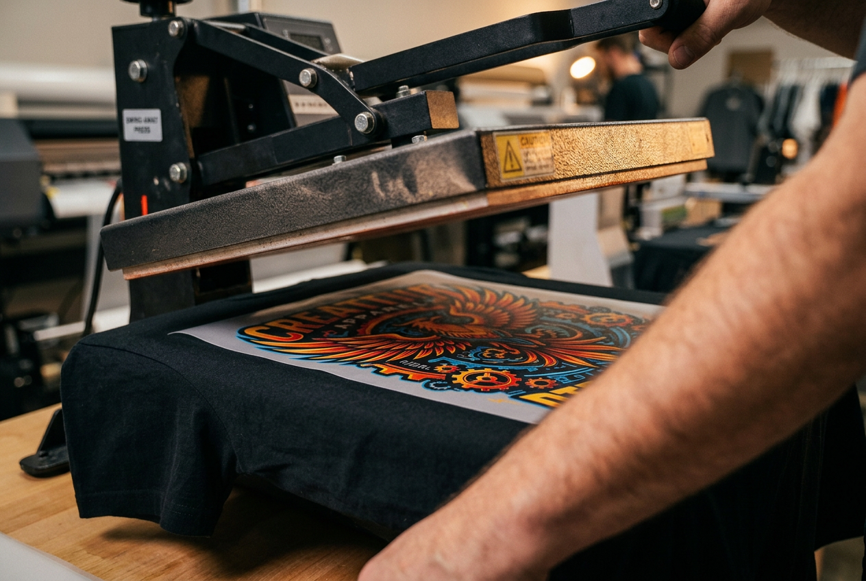 Heat press positioned over a colorful DTF transfer on a black T-shirt.