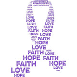 Purple typography design spelling out Alzheimer's Awareness with words hope, love, faith repeating
