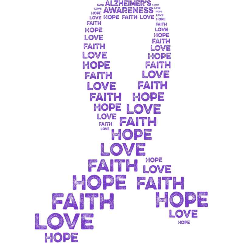 Purple typography design spelling out Alzheimer's Awareness with words hope, love, faith repeating