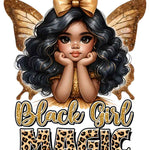 Glittery gold butterfly wings adorned girl with black curly hair and gold bow, 'Black Girl Magic' text