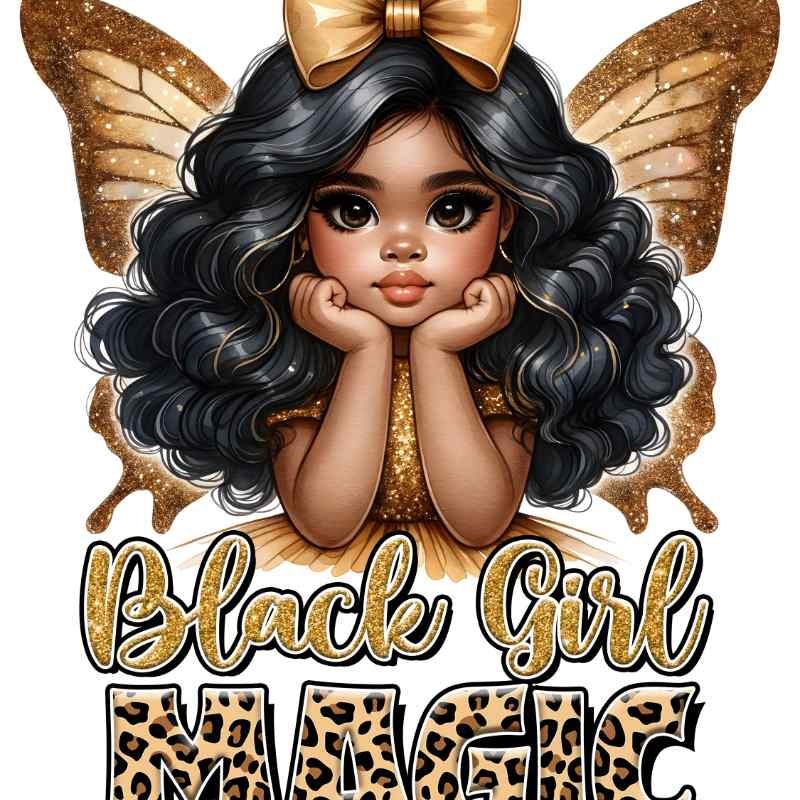 Glittery gold butterfly wings adorned girl with black curly hair and gold bow, 'Black Girl Magic' text