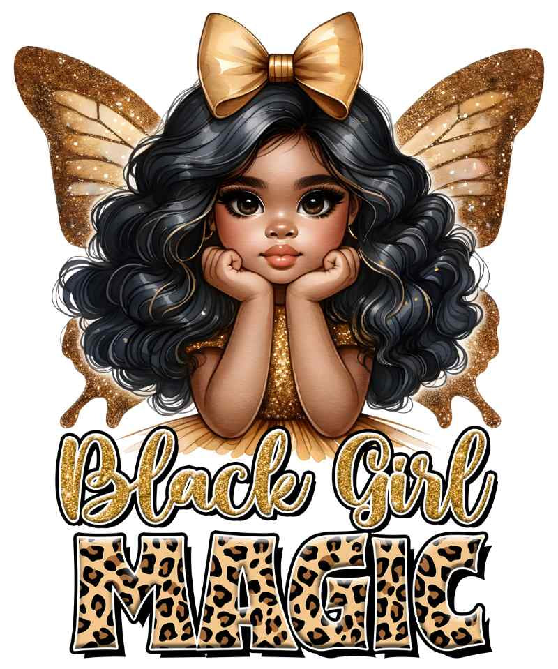 Glittery gold butterfly wings adorned girl with black curly hair and gold bow, 'Black Girl Magic' text