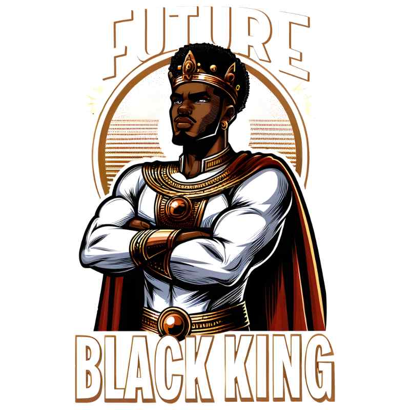 Regal African American king in crown and cape, standing confidently with crossed arms, 'Future Black King' graphic design