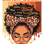 Black queen with leopard print bow, inspirational words surrounding natural hairstyle, wearing leopard glasses