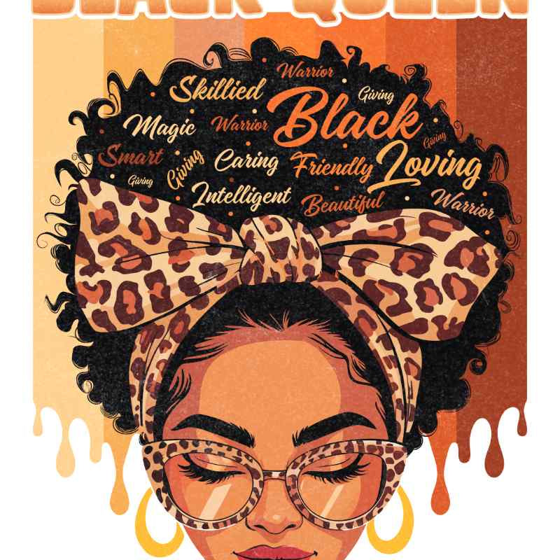 Black queen with leopard print bow, inspirational words surrounding natural hairstyle, wearing leopard glasses