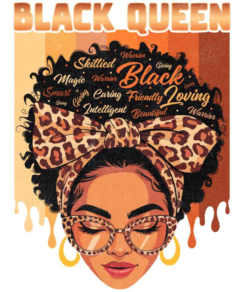 Black queen with leopard print bow, inspirational words surrounding natural hairstyle, wearing leopard glasses
