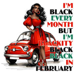 Stylish woman in red dress standing next to vintage red car with empowering Black pride text