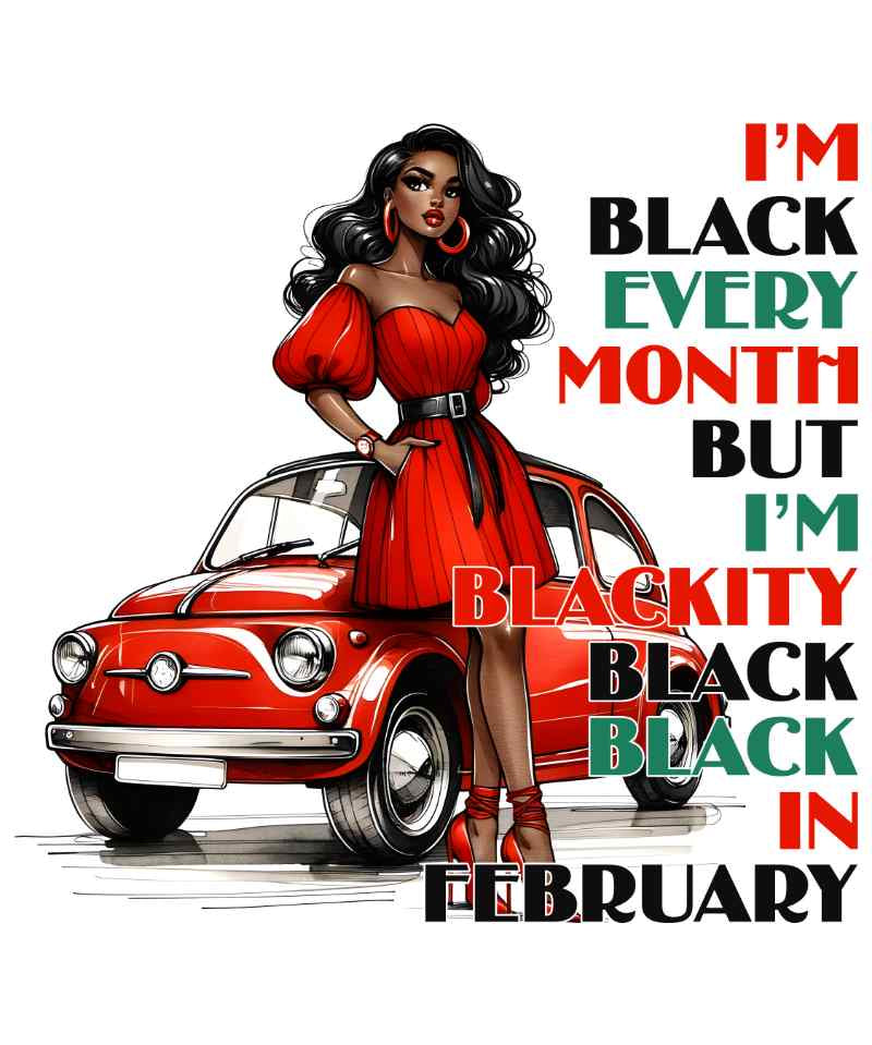 Stylish woman in red dress standing next to vintage red car with empowering Black pride text
