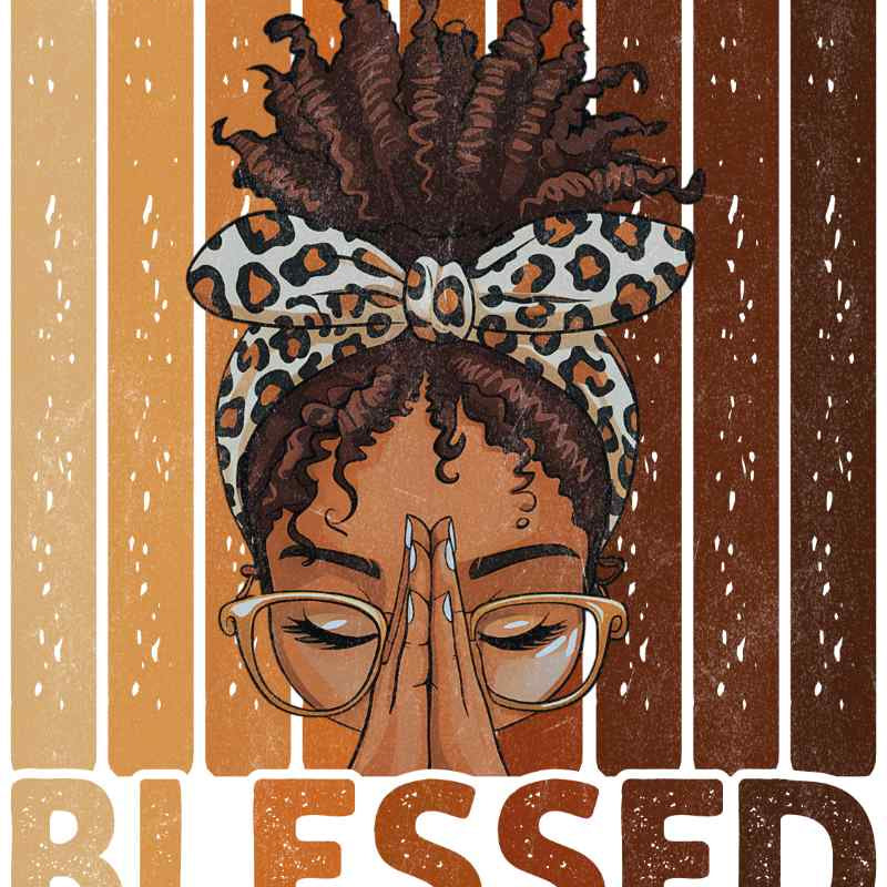 Inspirational illustration of person with curly hair, glasses, leopard bow, hands in prayer pose with 'BLESSED' text