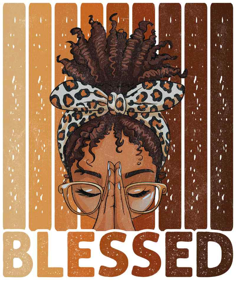 Inspirational illustration of person with curly hair, glasses, leopard bow, hands in prayer pose with 'BLESSED' text