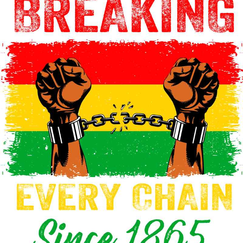 Two raised fists breaking chain on Pan-African flag colors, symbolizing emancipation since 1865