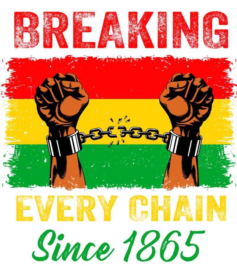 Two raised fists breaking chain on Pan-African flag colors, symbolizing emancipation since 1865