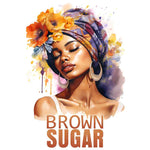 Watercolor portrait of woman in colorful headwrap with yellow flowers, wearing hoop earrings