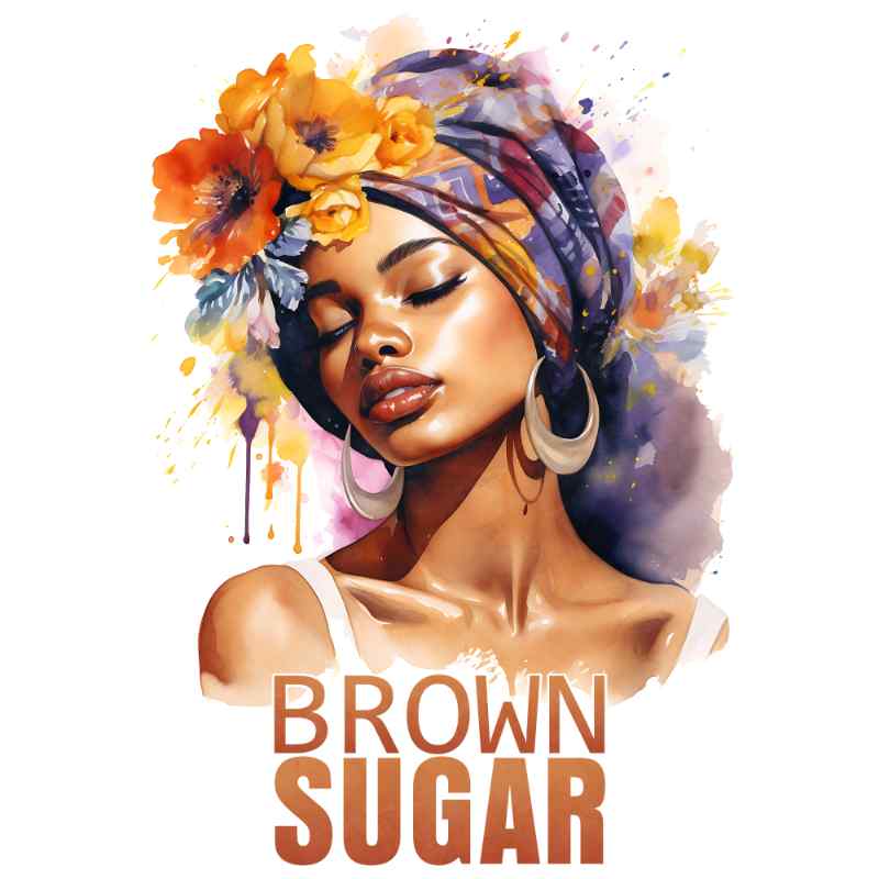 Watercolor portrait of woman in colorful headwrap with yellow flowers, wearing hoop earrings