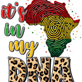 African continent shaped fingerprint in pan-African colors with 'It's in my DNA' leopard print text