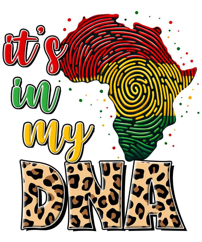 African continent shaped fingerprint in pan-African colors with 'It's in my DNA' leopard print text