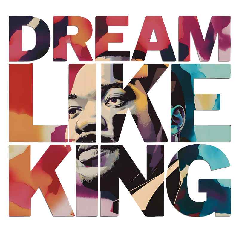 Colorful artistic portrait of a civil rights leader with 'Dream Like King' typography