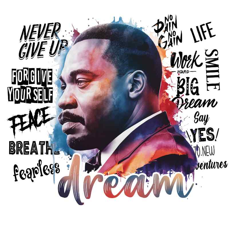 Watercolor portrait of a man with inspirational text surrounding dream concept in bold typography