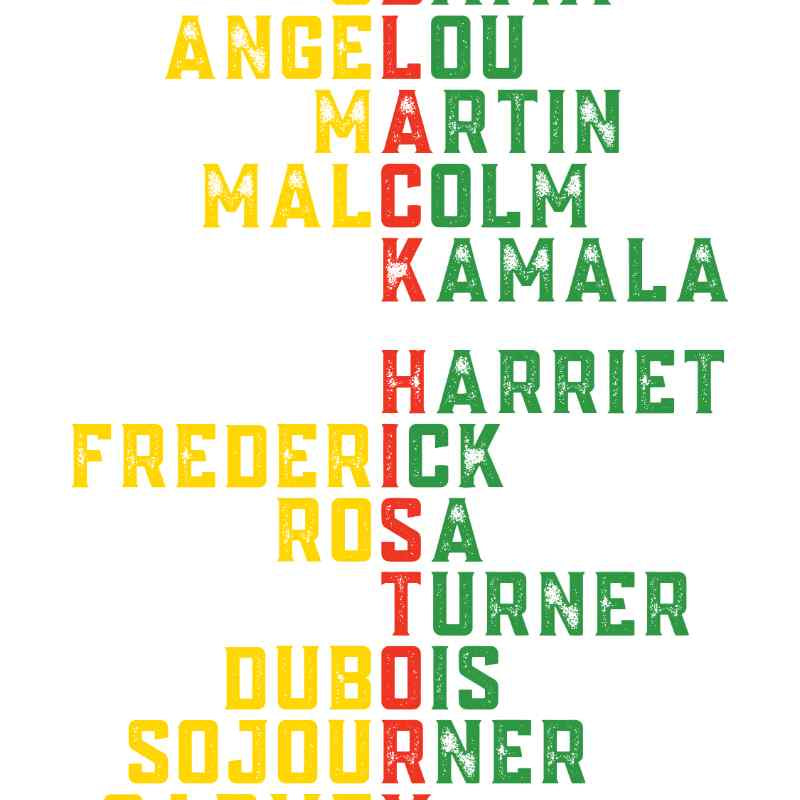 Crossword-style design featuring names of prominent Black historical figures in yellow, red, and green colors