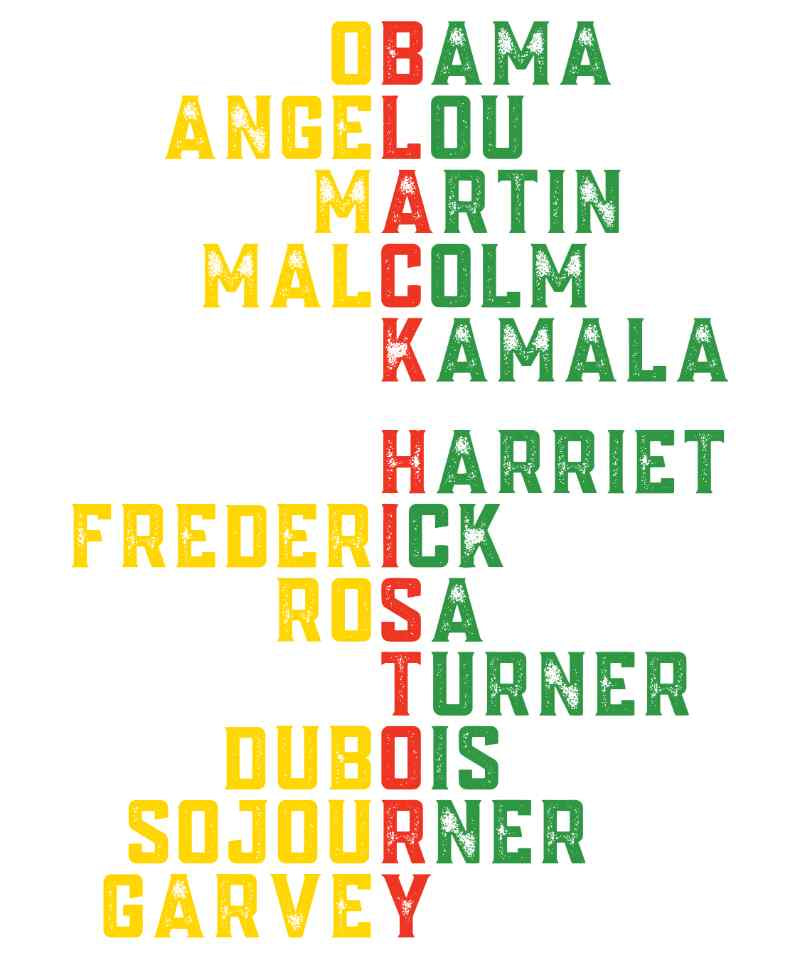 Crossword-style design featuring names of prominent Black historical figures in yellow, red, and green colors