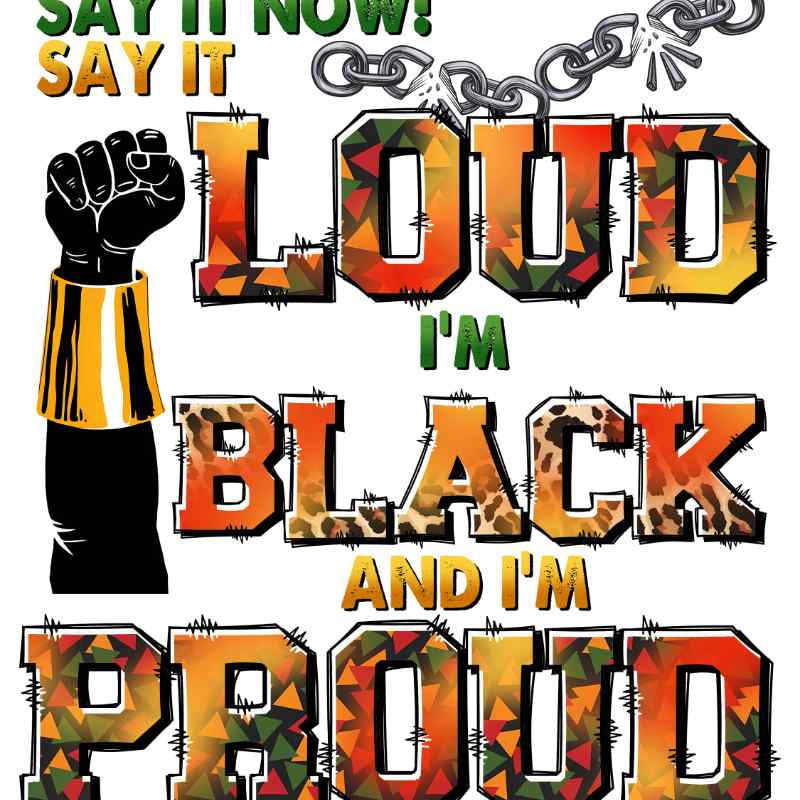 Graphic design with raised fist and text 'Say It Now! Loud I'm Black and I'm Proud' in colorful typography