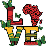 Colorful love design with Africa continent shape, green butterflies, red and yellow letters