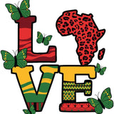 Colorful love design with Africa continent shape, green butterflies, red and yellow letters