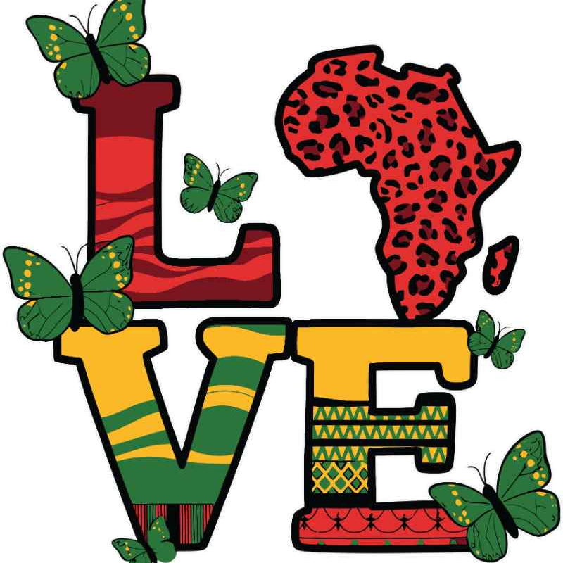 Colorful love design with Africa continent shape, green butterflies, red and yellow letters