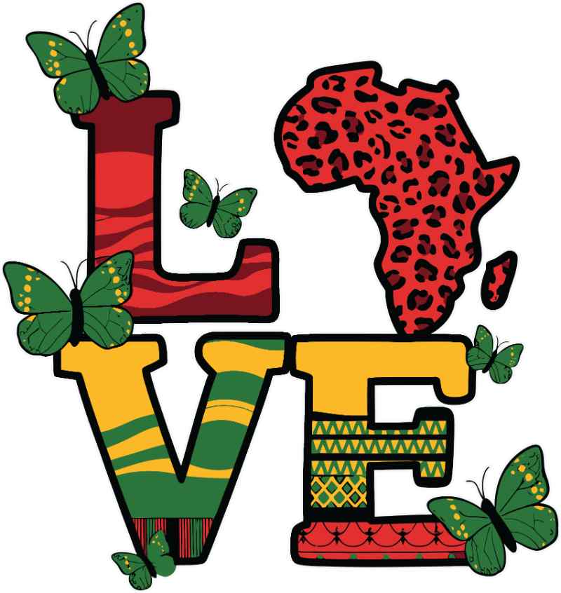 Colorful love design with Africa continent shape, green butterflies, red and yellow letters
