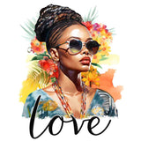 Stylish woman in sunglasses with braided hair surrounded by colorful tropical flowers and 'Love' text