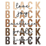 Motivational typography design with 'Black' repeated vertically, overlaid with words love, joy, excellence, pride, history in cursive script