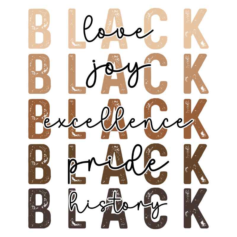 Motivational typography design with 'Black' repeated vertically, overlaid with words love, joy, excellence, pride, history in cursive script