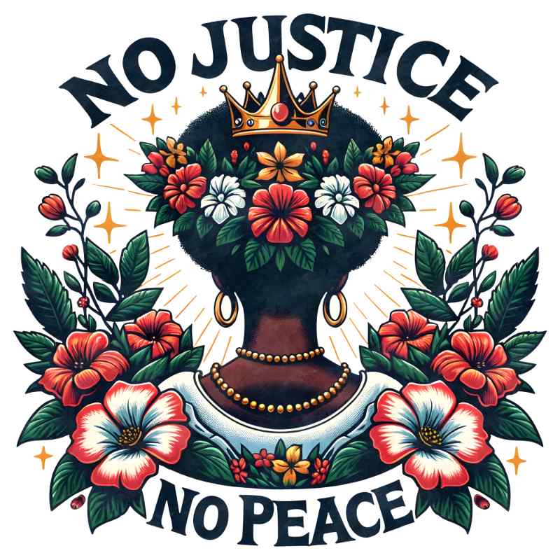 Powerful graphic of crowned silhouette surrounded by red and white flowers with 'No Justice No Peace' text