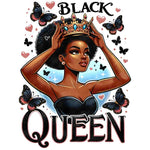 Illustration of a Black woman wearing a crown, surrounded by butterflies, with 'Black Queen' text