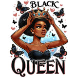 Illustration of a Black woman wearing a crown, surrounded by butterflies, with 'Black Queen' text