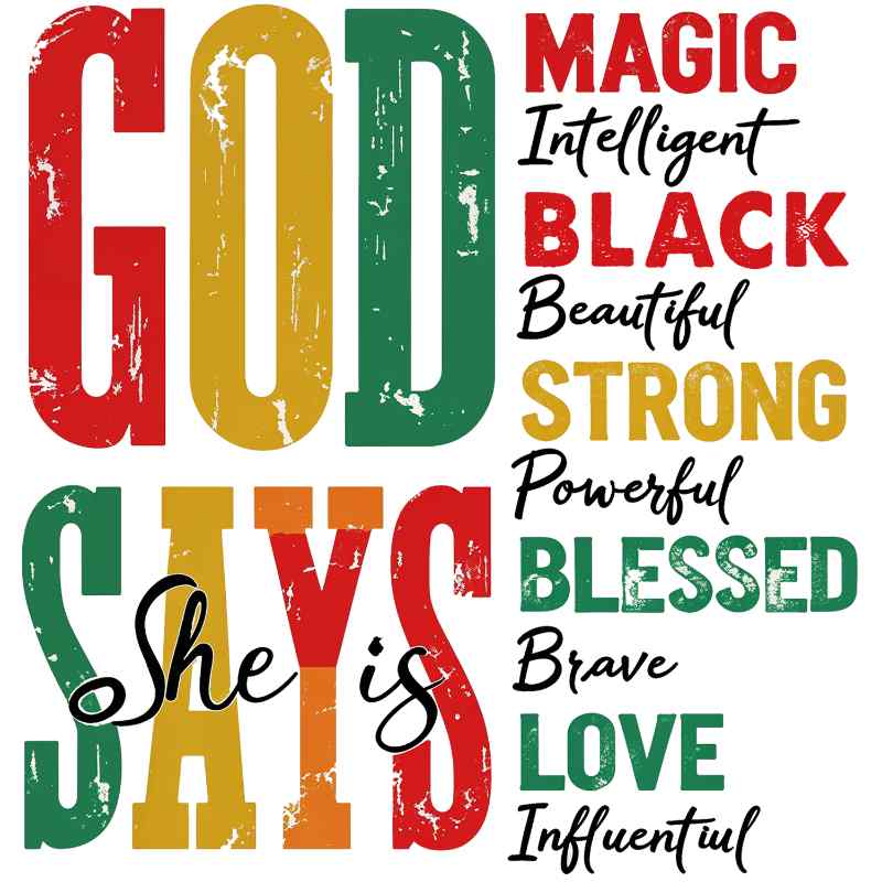 Motivational typography design in red, yellow, green featuring empowering words about Black identity and strength