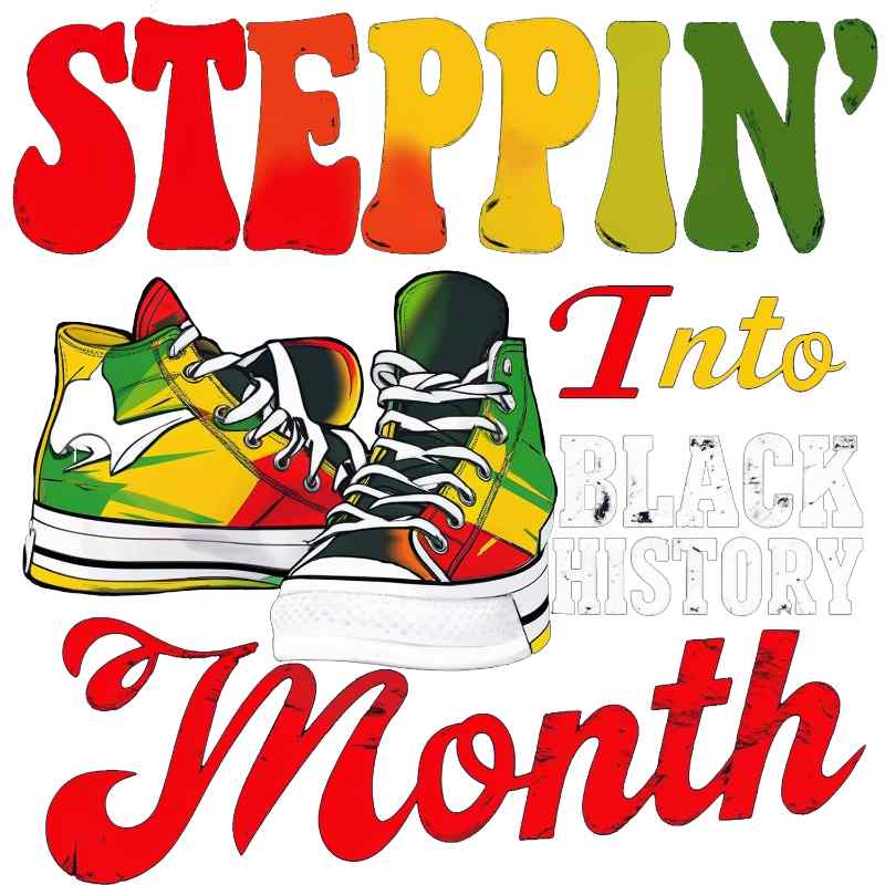 Colorful sneakers in Jamaican flag colors with 'Steppin' Into Black History Month' text