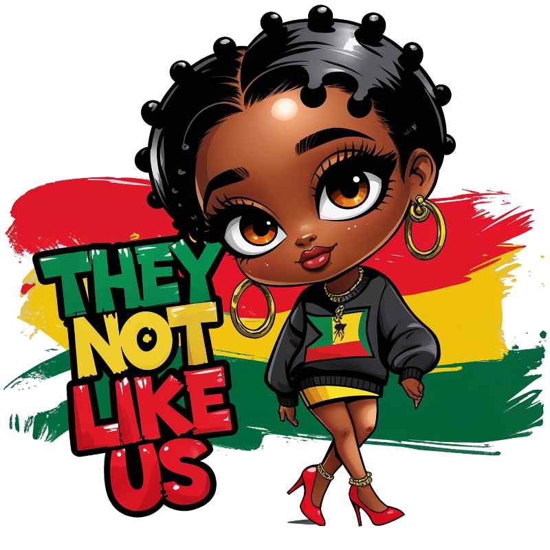 Cartoon illustration of a young Black girl with curly hair wearing red heels and a black top with reggae flag colors