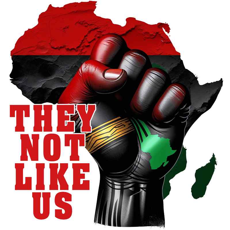 Raised fist on African continent map with red and black color scheme and text 'THEY NOT LIKE US'