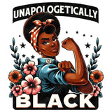 Powerful illustration of Black woman with raised fist wearing blue top, polka dot headwrap, surrounded by flowers and stars