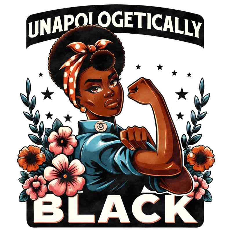 Powerful illustration of Black woman with raised fist wearing blue top, polka dot headwrap, surrounded by flowers and stars