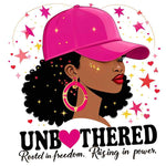 Stylish Black woman in pink cap with afro hair, wearing hoop earrings, surrounded by pink and yellow stars