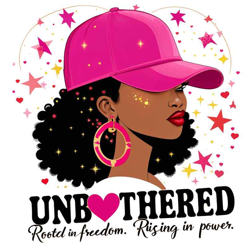 Stylish Black woman in pink cap with afro hair, wearing hoop earrings, surrounded by pink and yellow stars