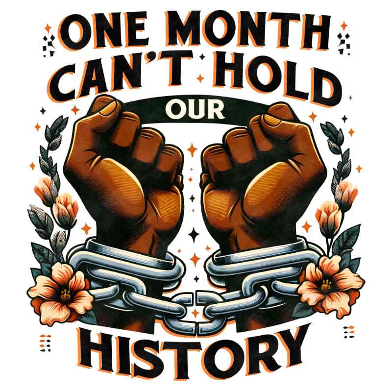 Two raised fists breaking chains, surrounded by flowers, with text 'One Month Can't Hold Our History'