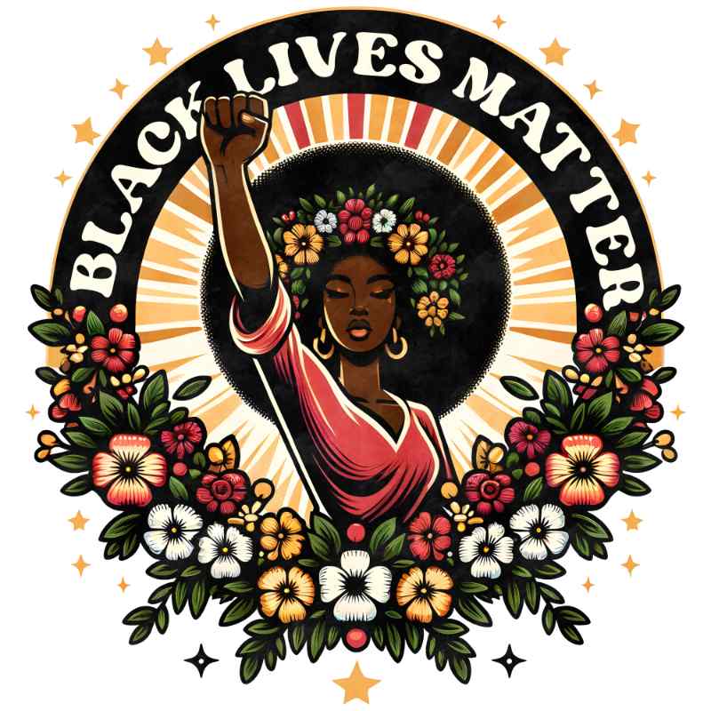Black Lives Matter graphic with raised fist, floral background, powerful social justice design