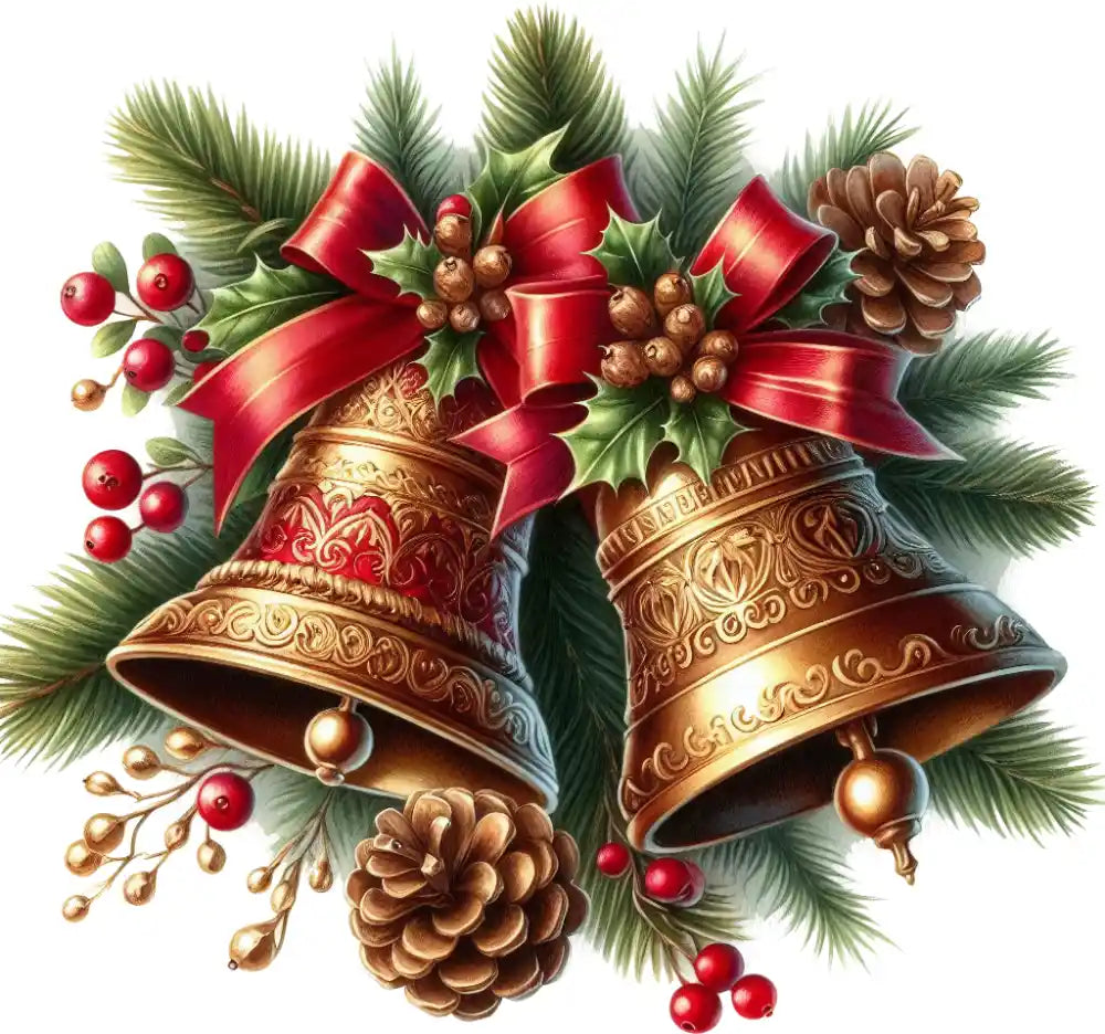 Ornate golden Christmas bells with red ribbons, pine branches, holly, pinecones, and red berries